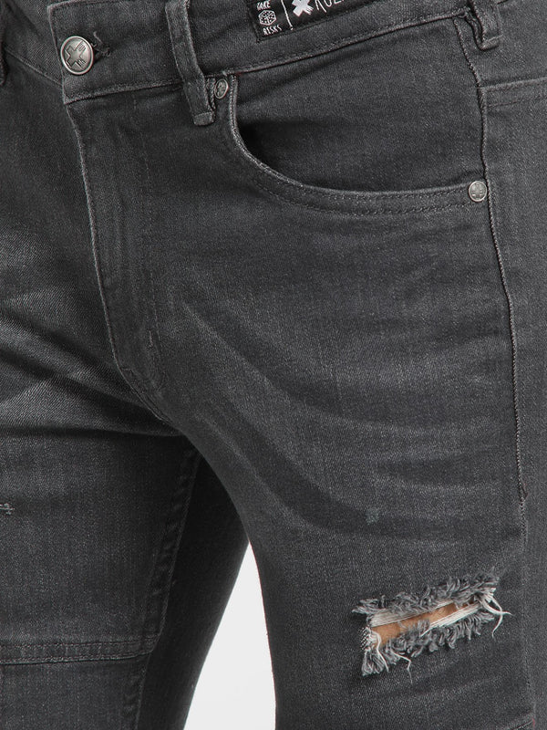 Mid-Wash Distressed Panel Skinny Jeans
