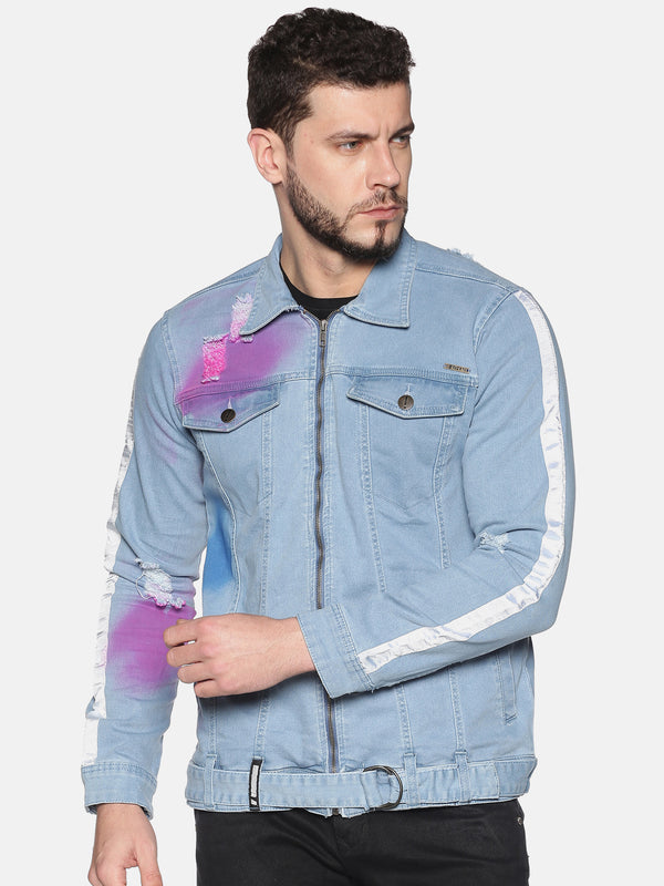 Impackt Men's Full Sleeves Denim Jackets With Distressed, Spray Print & Sleeve Side Tape