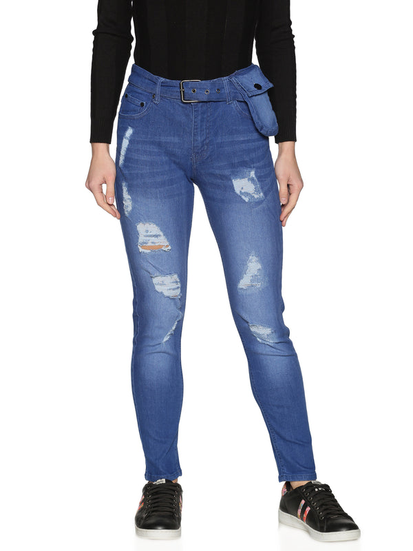 Kultprit Women's Jeans With Waist Flap Pocket & Distressed