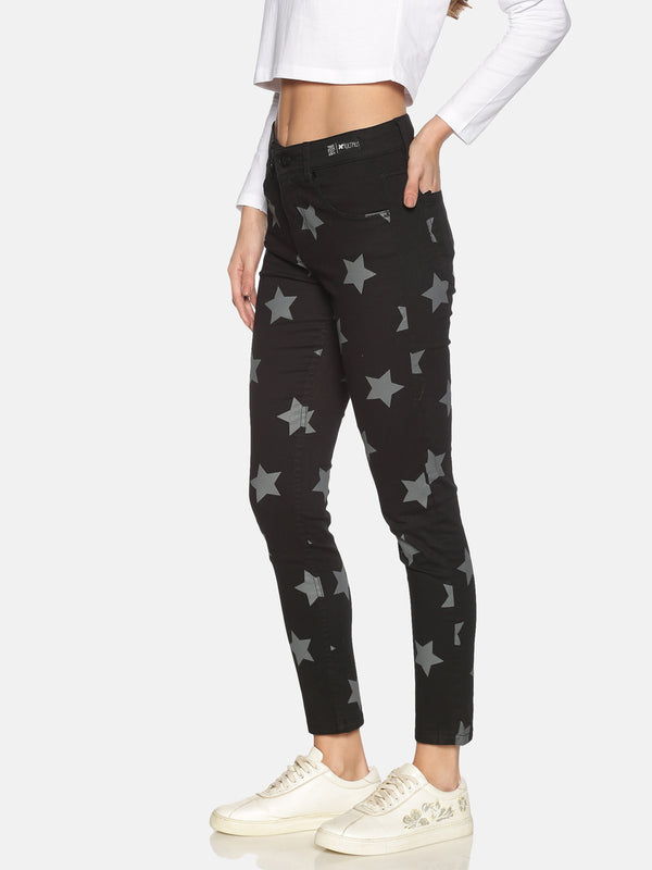 High Waisted Jeans With Dark Faded Wash And Star Print All Over