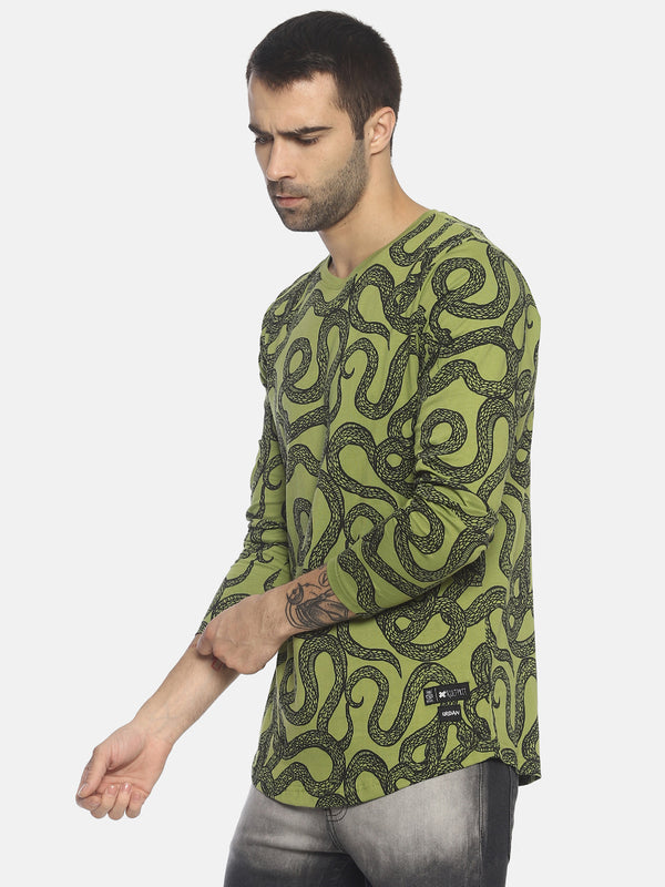 Printed Round Neck Full Sleeve T shirt With Curve Hem