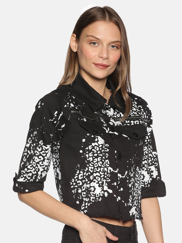 Kultprit Women's Full Sleeves Crop Denim Jackets With Allover Print
