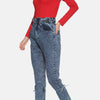 High Waisted Baggy Fit Jeans With Cloud Wash And Above Ankle Strip Bow Detailing
