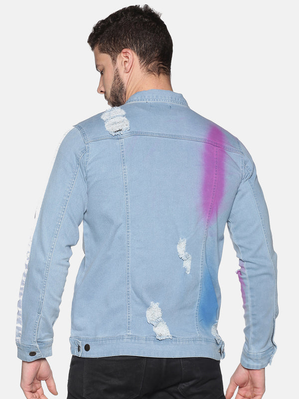 Impackt Men's Full Sleeves Denim Jackets With Distressed, Spray Print & Sleeve Side Tape