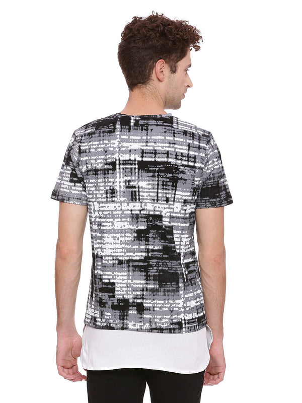V neck T-Shirt with all over print and extended panel on hem