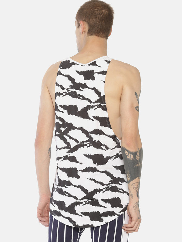 Deep Armhole Round Neck Sleeveless T shirt With All Over Camo Print