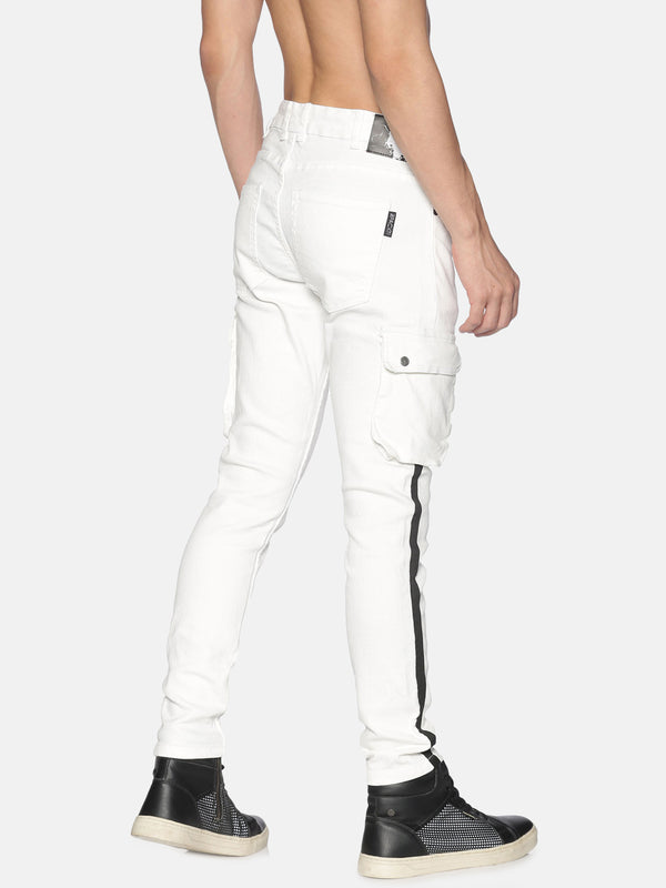 Fashion White cargo Jeans with stripe tape at side seem