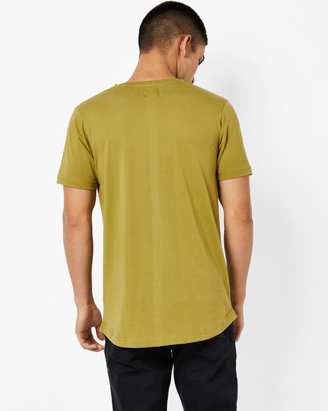V neck T-Shirt with distress on front panel and contrast cut & sew underneath