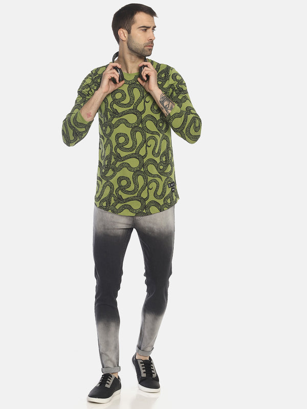 Printed Round Neck Full Sleeve T shirt With Curve Hem