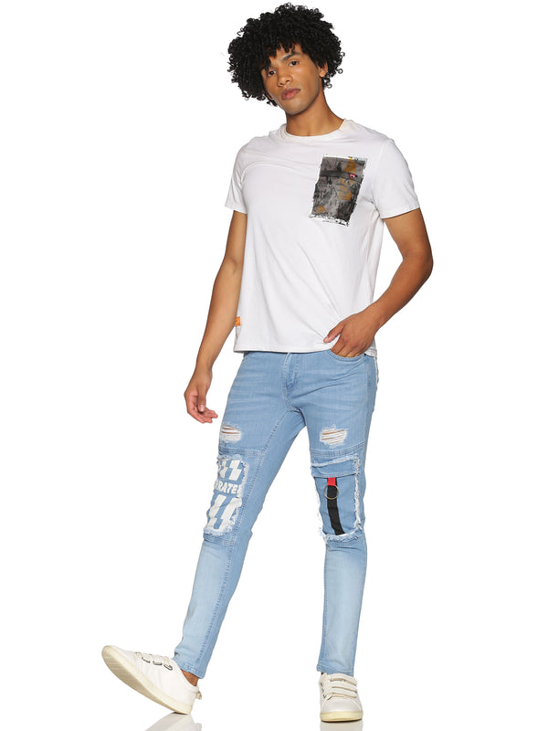 Fashion Blue Jeans with Print at knee & back pocket