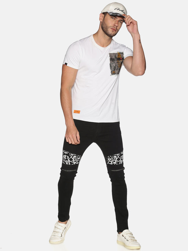 Kultprit Men's Skinny Jeans With Knee Zipper & Printed Patch