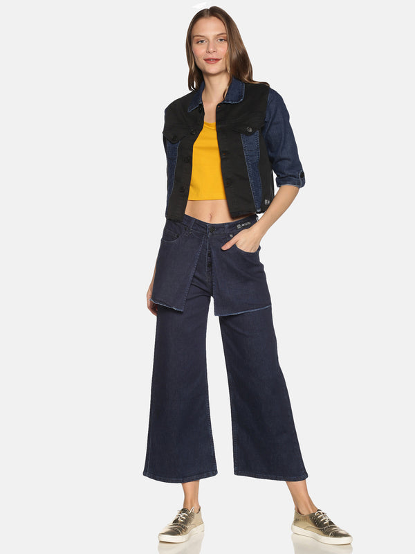 Crop Jacket With Contrast Colour Block Paneling And Dark Wash