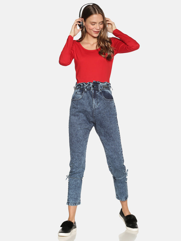 High Waisted Baggy Fit Jeans With Cloud Wash And Above Ankle Strip Bow Detailing