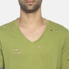 Solid Olive Green Ripped T-Shirt