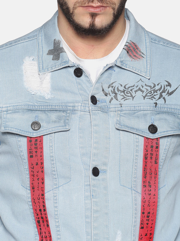 Kultprit Men's Full Sleeves Denim Jackets With Back Print & Front Mid Printed Tape